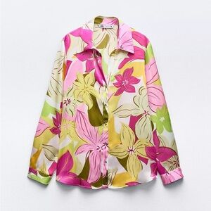 Zara Floral Button-Up Shirt in Pink and Green